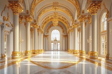 Obraz premium Fantasy palace interior with golden decor and castle-like features. Generative AI with generative ai