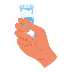 Medical vector illustration of a hand holding a prescription pill bottle. Concept of treatment and health care