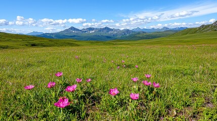A picturesque mountain meadow in full bloom, with vibrant pink wildflowers dotting the lush green landscape.