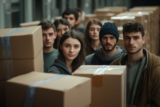 A group of volunteers with donation boxes of humanitarian aid in a warehouse. Charity, donation, and volunteering concept.