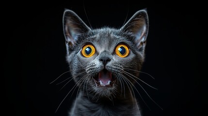 Obraz premium Funny and surprised grey British shorthair cat with big yellow eyes looking up on black plain background. Big Black Friday sale. 