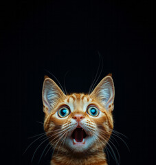Funny and surprised red cat with big yellow eyes and opened mouth looking up on black plain background. Big Black Friday sale. Copy space