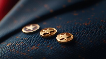 A close-up of a golden star brooch attached to a formal suit jacket. Elegance and fashion accessory concepts.