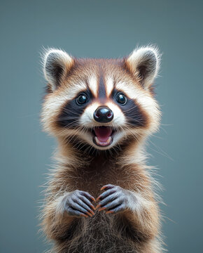 Portrait of funny surprised raccoon isolated on grey background