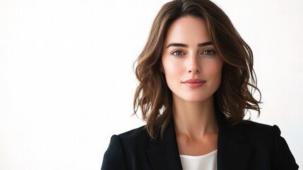 Obraz premium Stylish Businesswoman in Black Blazer Posing Confidently Against Neutral Background, Showcasing Professionalism and Modern Business Attire for Corporate Imagery