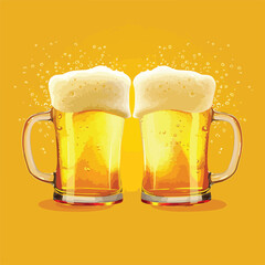 Cheers with Two Mugs of Beer, Foamy Yellow Background