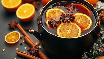Mulled Wine in Elegant Pot with Cinnamon and Citrus for Festive Christmas Atmosphere. Closeup Shot with Shallow DOF, Rich Hues, & Textures. Canon EFS Lens. Perfect for Social Media & Food Mag Covers.