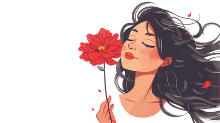Fototapeta premium Cheerful Young Girl with Red Flower Handdrawn Vector Illustration