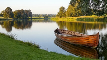 Obraz premium old wooden boat resting on the edge of a calm river