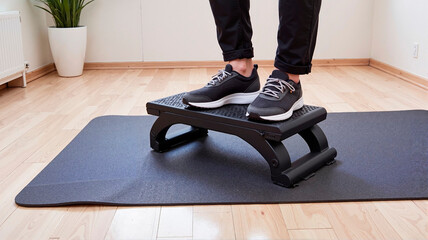 Person stepping on fitness stepper on mat