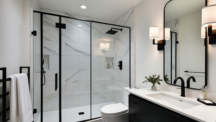 Modern minimalist bathroom with marble tiles, black metal-framed shower, sleek vanity, ambient lighting, and black accents creating a clean, organized aesthetic.