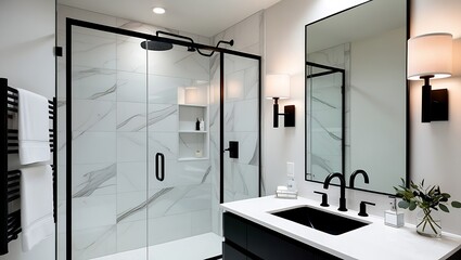 Modern minimalist bathroom with marble tiles, black metal-framed shower, sleek vanity, ambient lighting, and black accents creating a clean, organized aesthetic.