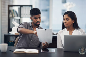 Office, business people and stress with paperwork for mistake, review information or collaboration. Publication, journalist or editor with problem for transcript, document or report deadline for team