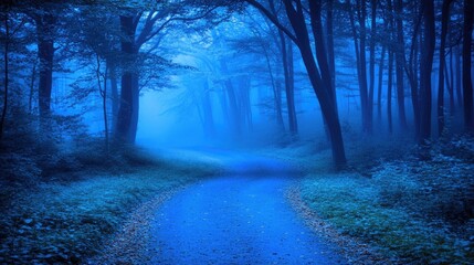 Naklejka premium Misty Forest Path Surrounded by Tall Trees and Dense Fog, Evoking a Mysterious and Eerie Atmosphere with Soft Blue-Tinted Light and Dark Shadows, Perfect for Solitude, Nature, and Cinematic Themes.