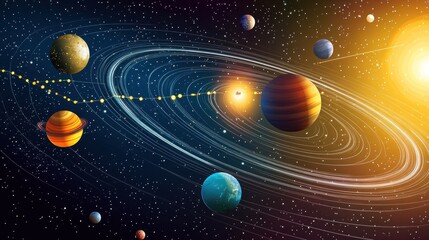 A colorful depiction of the solar system with planets orbiting around a central sun.