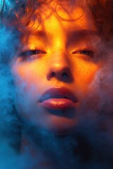 Fototapeta premium Woman with her eyes closed and a cloud of smoke