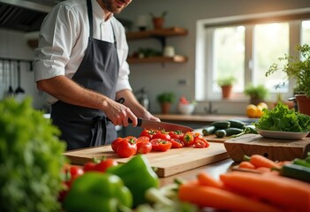 A chef's hands chopping fresh vegetables on a wooden cutting board in a kitchen