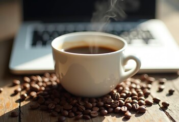 Fototapeta premium A cup of coffee with coffee beans scattered on a wooden desk next to a blurred laptop keyboard