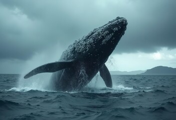 Fototapeta premium A massive humpback whale breaching the surface of a stormy, choppy ocean with dramatic clouds in the background