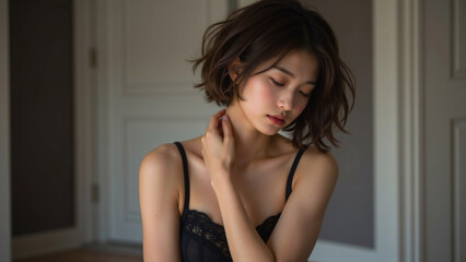 黒の繊細なレースランジェリーを纏い、柔らかな自然光が差し込む室内で静かに俯く女性、ショートヘアと落ち着いたベージュとグレーの背景が洗練された美しさと繊細な雰囲気を引き立てるポートレート