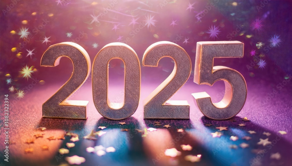 Sticker text 2025 written in shiny numbers on colorful background with stars and sparkles, new year