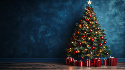 Elegant Christmas Tree with White Lights and Red Ornaments. Generative AI