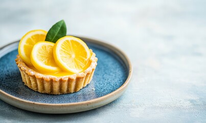 Lemon tartlets on a plate on light rustic background