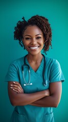 Confident and Smiling African American Nurse with Arms Crossed, Solid Green Background, Healthcare Professional, Medical Expertise
