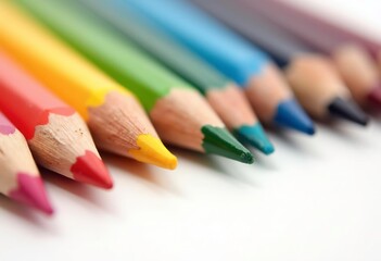 Colorful pencils arranged in a rainbow pattern on a white background