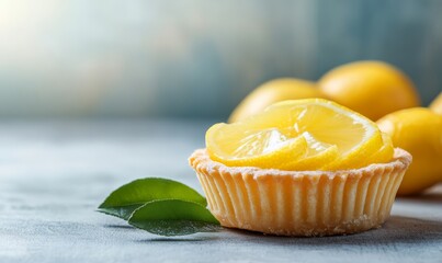 Lemon tartlets on a plate on light rustic background