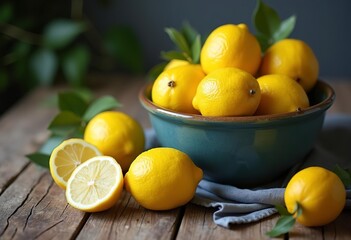 Lemons spilling out of a blue bowl on a wooden surface
