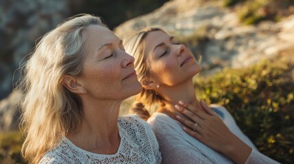 Fototapeta premium Two women enjoying a serene moment outdoors while breathing in fresh air near rocky terrain at sunset