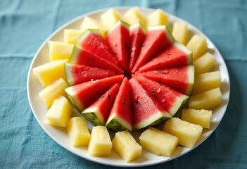 Sliced watermelon and pineapple pieces arranged in a colorful pattern