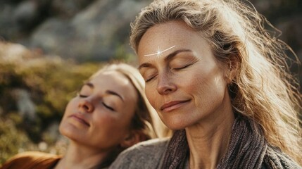 Naklejka premium Two women practicing mindfulness in a serene outdoor setting with natural sunlight during a peaceful moment of relaxation