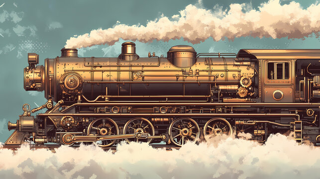 Vintage steampunk train with metallic details and gears, emitting steam clouds, in an industrial retro-futuristic setting. Steampunk. Illustration