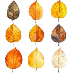 Vibrant Autumn Leaf Collection in Warm Watercolor Tones on Clean White Background