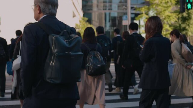 横断歩道を渡り朝の通勤するビジネスマンたちの後ろ姿のスローモーション　東京