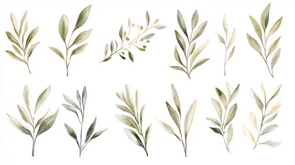 Watercolor Olive Branches with Muted Green Leaves on White Background