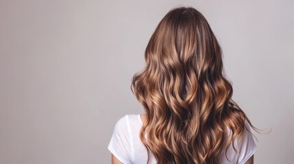 Back view of a woman with long, flowing brown hair styled in loose, polished waves cascading from the nape to mid-back. Copy space.