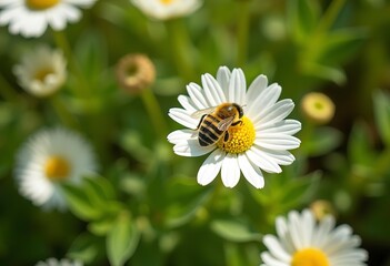Fototapeta premium A bee flying near white daisy-like flowers in a garden
