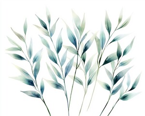 Delicate Willow Leaves Watercolor Arrangement on Serene White Background