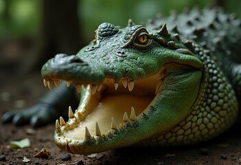 Fototapeta premium A close-up of a green crocodile or alligator with its mouth open, revealing sharp teeth