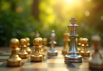 A chess board with gold and silver chess pieces, with a silver king piece standing out among the gold pieces on a blurred green background