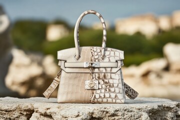A small, white leather handbag with a gold clasp sits on a rock with a blurred background.