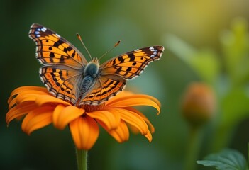 Obraz premium A colorful butterfly with intricate patterns perched on an orange flower against a blurred green background