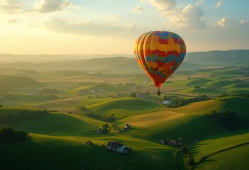 Fototapeta premium A colorful hot air balloon floating over a rural landscape with green fields and rolling hills in the background