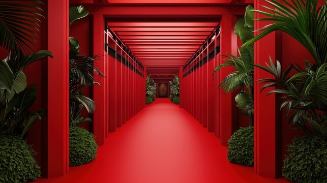 A vibrant red corridor lined with plants, creating a modern and immersive architectural experience.