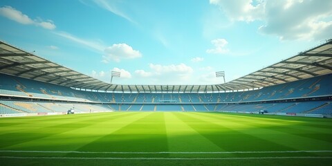 A large outdoor sports stadium with a green grass field, surrounded by rows of seats and a bright blue sky with clouds overhead