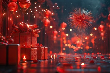 New Year, Gifts, Fireworks, Firecrackers, Lanterns, C4D Style, Dreamy Beautiful Scenes, Red, No Text,generative ai