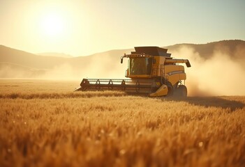 Naklejka premium A large yellow combine harvester working in a field, kicking up dust as it moves through the crops